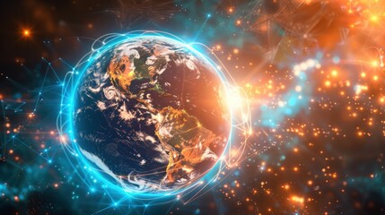 Obraz premium A colorful, abstract painting of a planet with a blue and orange swirl around it