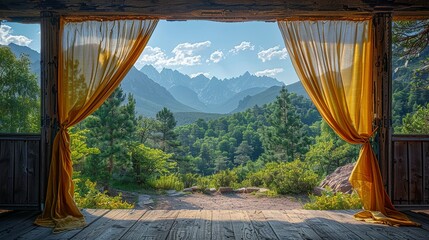 The elegance of fabric moving with the wind, framed by a weathered wooden door and the serene setting of a forest and mountain range. shiny, Minimal and Simple,