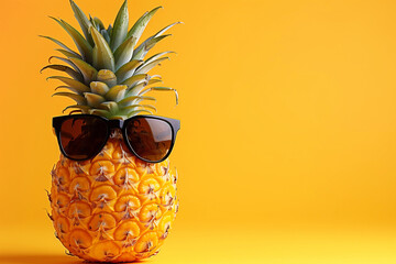 Pineapple in sunglasses on yellow background close-up with copy space.