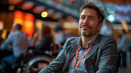 Fototapeta premium Male entrepreneur sitting on wheelchair and discussing with delegates at convention center generative ai