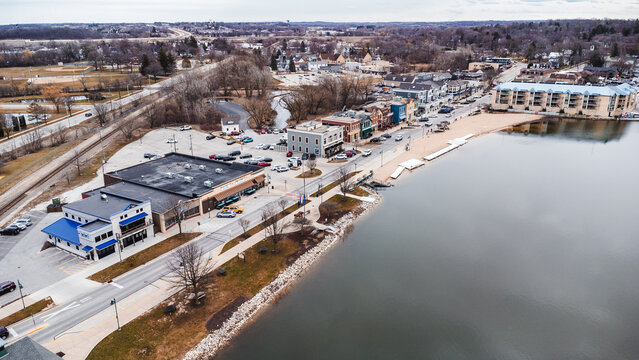 aerial view of a beach town (pewaukee, wi)