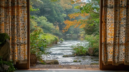 The gentle flutter of a patterned fabric caught in the wind, framed by a wooden door and the natural beauty of a forest and river scene. shiny, Minimal and Simple,