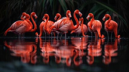 Obraz premium Group of pink flamingos reflections generative ai