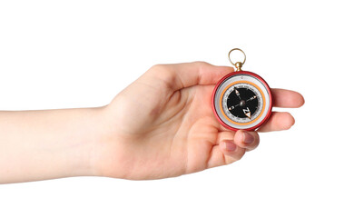 Woman holding compass on white background, closeup