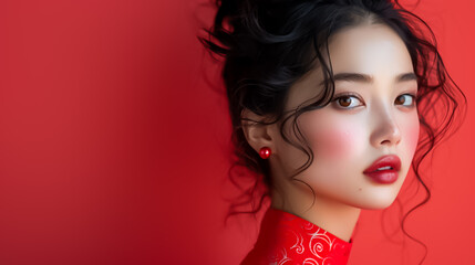 Fototapeta premium 赤い背景に日本の美少女 -Japanese Girl with Red Background generative AI