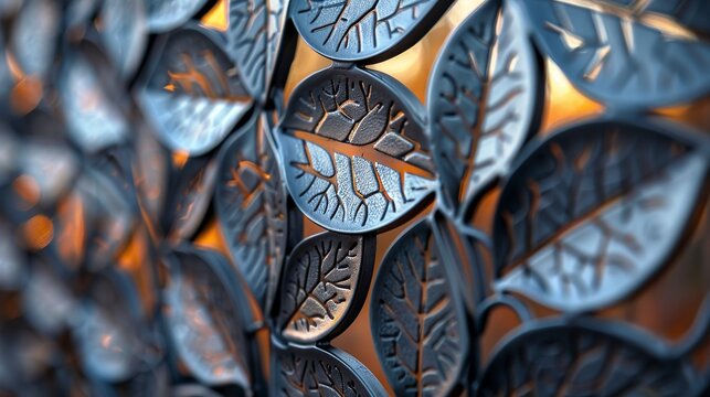 A close-up of the intricate leaf patterns on the gate, showing the detailed veins and textures that make each leaf look lifelike and add depth to the overall design. shiny, Minimal and Simple,