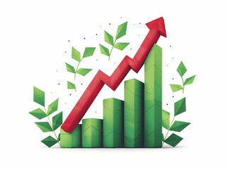 Green bar graph with red arrow showing growth, surrounded by leaves, symbolizing ecological progress and sustainability.