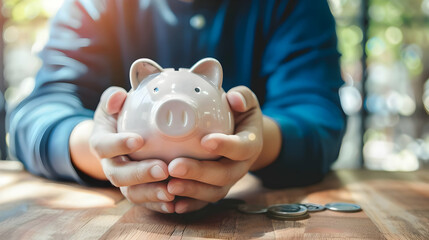 Person holding a pink piggy bank with coins on a wooden table, symbolizing savings, financial planning, and money management.