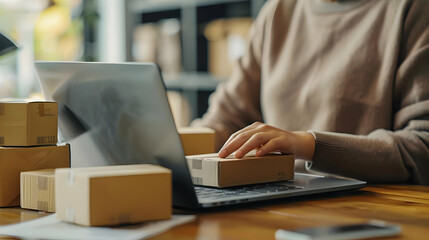 Person working on laptop handling packages. E-commerce business concept with a focus on online retail and shipping logistics.