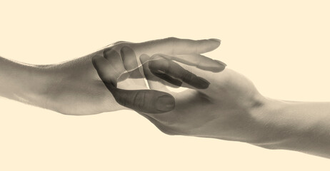 Double exposure of people's hands on beige background, closeup. Sepia effect