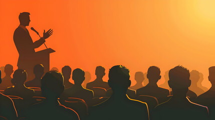 Silhouette of a speaker giving a presentation to an audience in a conference hall, with warm background lighting.