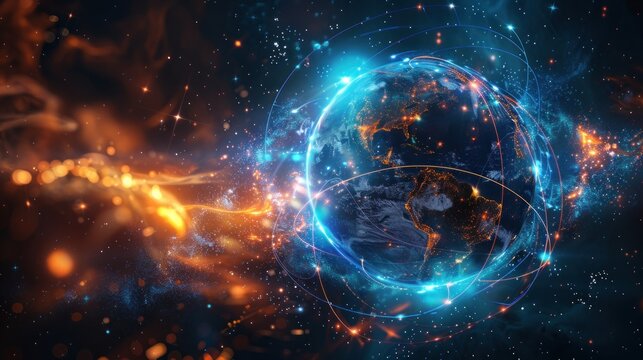 arth from space, showcasing the illuminated cities and bustling life against a cosmic backdrop of stars and bright colors.