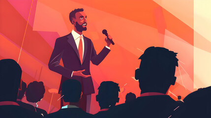 A confident speaker in a suit delivers an engaging presentation before an audience, set against a vibrant and dynamic backdrop.
