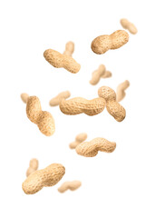 Unpeeled peanuts in air on white background