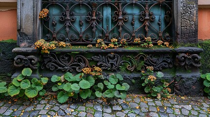 The bottom of the gate where it meets a cobblestone path, with small plants and flowers growing around the base, merging the natural landscape with the ornate, man-made structure. shiny, Minimal and