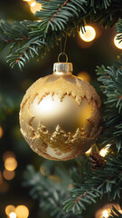 HD image of a shimmering gold Christmas ornament hanging from a decorated evergreen branch, with soft twinkling lights in the background."