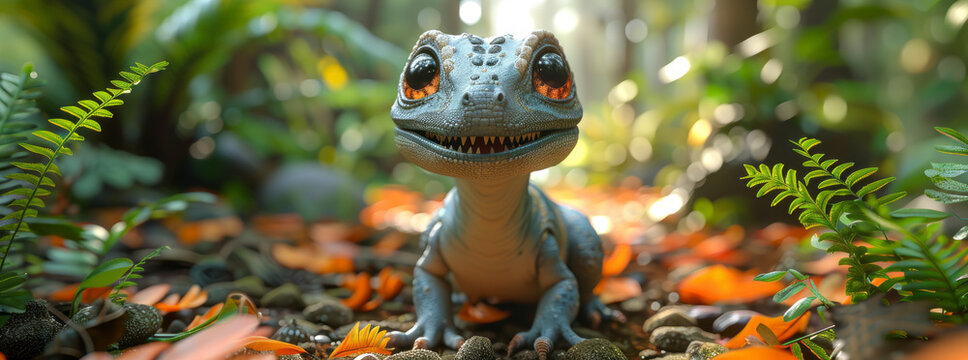 A robotic dinosaur or lizard pet toy with a smiling expression, mixed with 3D digital illustration and matte painting.generative ai