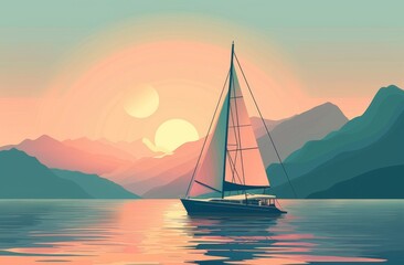 Fototapeta premium Sailing yacht in the sea against mountains at sunset, side view. A luxury sailboat with white sails on calm water surface.