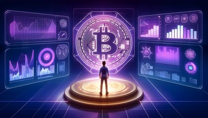 Fototapeta premium Man Standing in Front of a Large Digital Bitcoin Symbol with Data Analytics on a Futuristic Interface