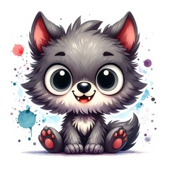 Obraz premium Watercolor cute wolf, cartoon illustration