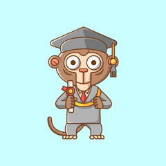Cute monkey graduation diploma animal kawaii chibi character mascot illustration outline style design