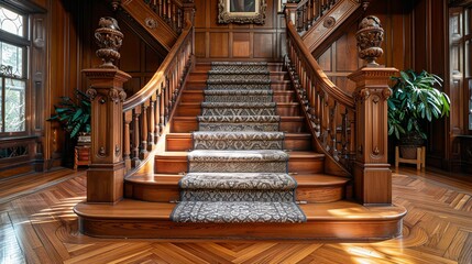 Obraz premium A front view of a staircase with wooden steps and a classic handrail, featuring a patterned carpet runner and flanked by tall, ornate newel posts. shiny, Minimal and Simple,