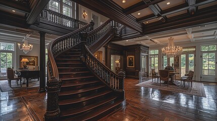 A grand staircase with dark wooden steps and an intricately carved handrail, leading up to a mezzanine with detailed ceiling moldings and vintage chandeliers. shiny, Minimal and Simple,