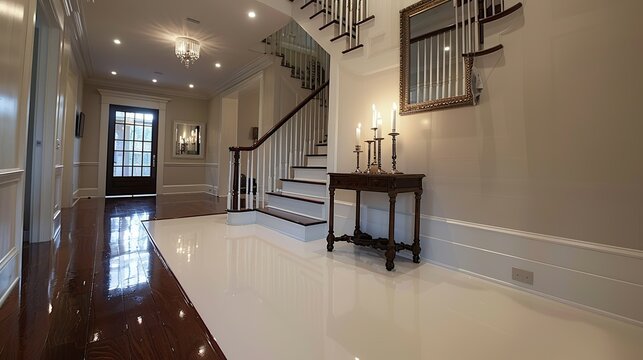 A simple, elegant staircase with white balusters and a dark wood handrail, leading up to a hallway with a tall mirror and antique console table adorned with candles. shiny, Minimal and Simple,