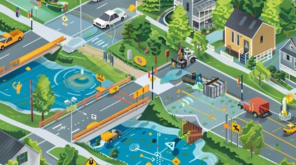 A comprehensive and informative graphic illustrating flood prevention solutions, including infrastructure, community efforts, and technological innovations