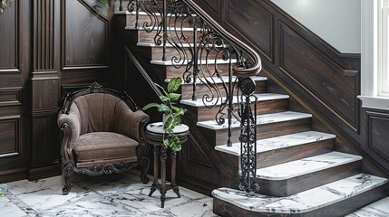Close-up of a marble staircase with a dark wooden banister and detailed iron balustrade, leading up to a landing area with a vintage armchair and a side table. shiny, Minimal and Simple,