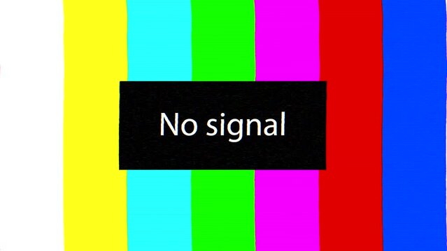 TV color bars with no signal text, glitches, static, flickering and distortion effects