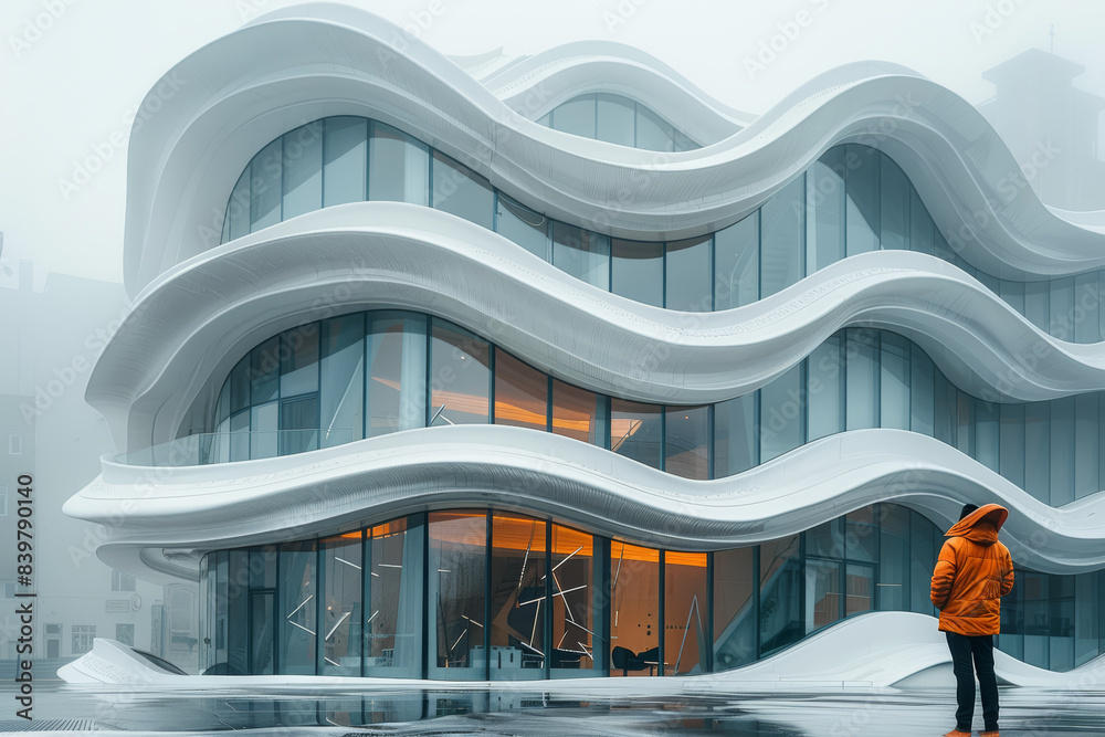 Poster an architect designing a building that morphs into organic shapes. concept of innovative architectur