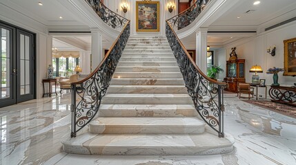 Detailed view of a wrought iron balustrade with floral motifs, leading up a marble staircase to a landing area with antique furniture and a large, framed painting. shiny, Minimal and Simple,