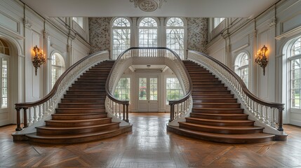 Front view of a dual staircase converging at a grand landing, adorned with vintage floral wallpaper and sconces, creating a regal entrance in an old estate. shiny, Minimal and Simple,