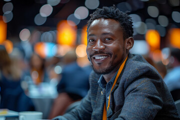 Obraz premium Happy male entrepreneur discussing with delegates while having coffee at convention center generative ai
