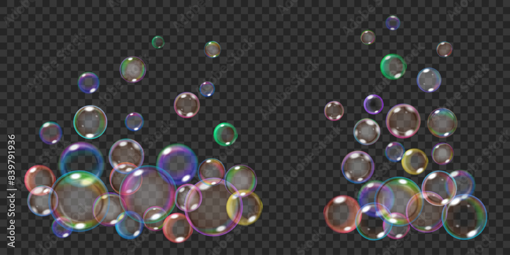 Poster groups of translucent rainbow soap bubbles, isolated on a transparent background. best used on dark 