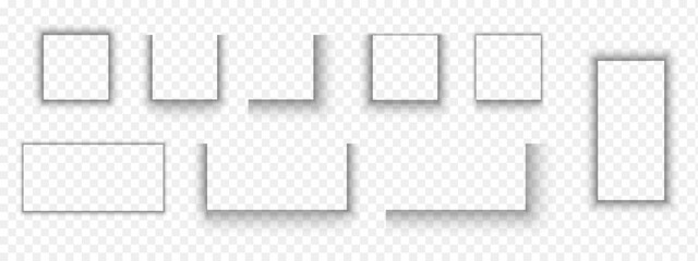 Set of paper page or packing box shadow effects. Soft blurry shapes. Square and rectangle shades isolated on transparent background. Vector realistic illustration.