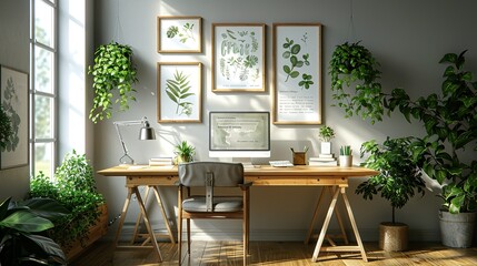 A serene home office with light wood furniture and greenery, highlighted by a wall of picture frames in various sizes, displaying botanical prints, motivational quotes, and artwork. shiny, Minimal