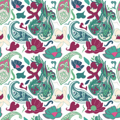 Fototapeta premium Ethnic floral paisley seamless background. Boho hippie retro ornament print will be fine for textile or book covers, manufacturing, wallpapers, print, gift wrap and scrapbooking.