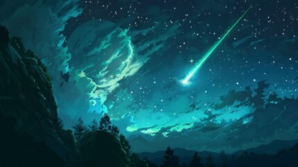 green meteor passing through the night skies