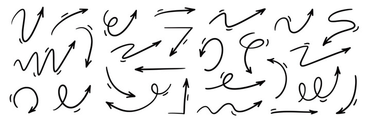 Arrow vector hand drawn sketch icon set. Doodle sketch hand drawn direction element set. Pencil doodle flat line design cartoon elements. Scribble swirl arrow sign. Vector illustration.