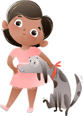 Cute little girl and her best friend dog, Children characters illustration with pets, fun graphics of kids and puppies. Vector hand drawn cartoon in watercolor style.