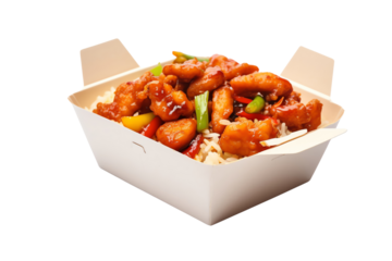 A serving of sweet and sour chicken with vegetables and rice in a white takeout container. Isolated on transparent background.