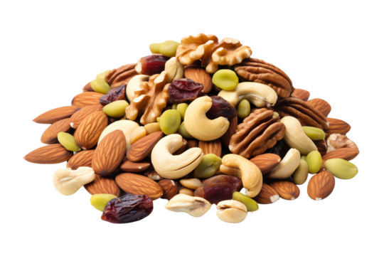 A colorful mix of various nuts and dried fruits. Perfect for a healthy snack, trail mix, or an energy boost on the go.