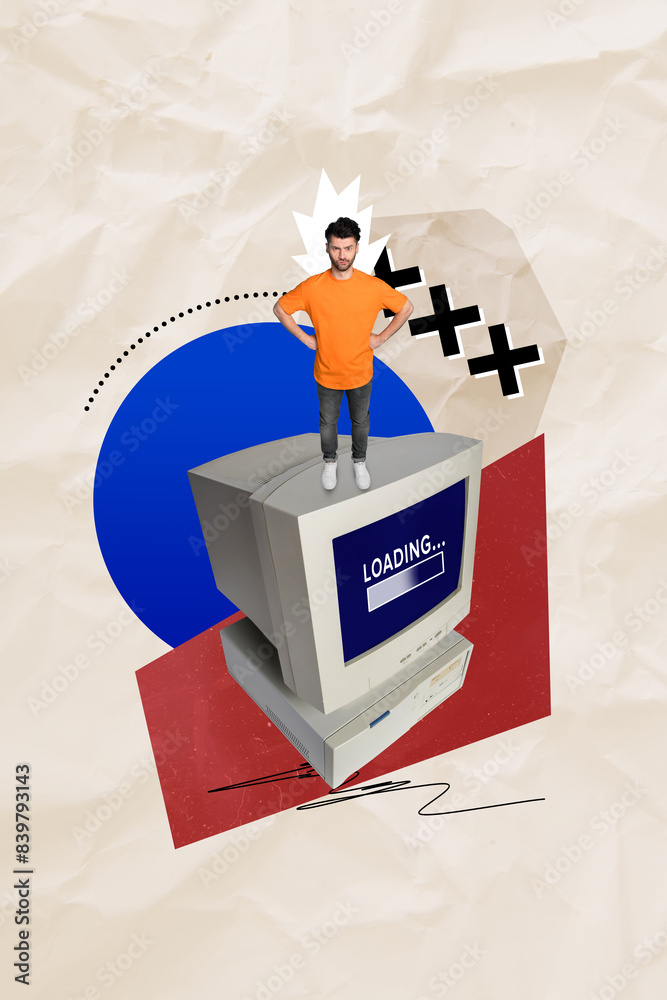 Poster photo collage artwork minimal picture of angry guy waiting old computer loading isolated creative ba