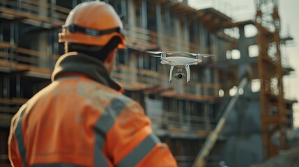 A Man controlling drone for aerial construction inspection at project construction site