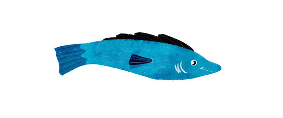 Single blue fish isolated on white background. Aquarium fish children's illustration in a flat style on an isolated on transparent background