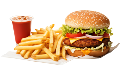 Delicious burger with fries and a drink on a white background, perfect for fast food, lunch, or dinner meal themed visuals.
