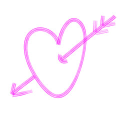 Simple doodle illustration lilac heart with arrow. Hand drawn heart, isolated on transparent background. Geometric shape, symbol Valentine Day illustration.