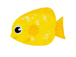Single goldfish isolated on white background. Aquarium fish children's illustration in a flat style on an isolated on transparent background